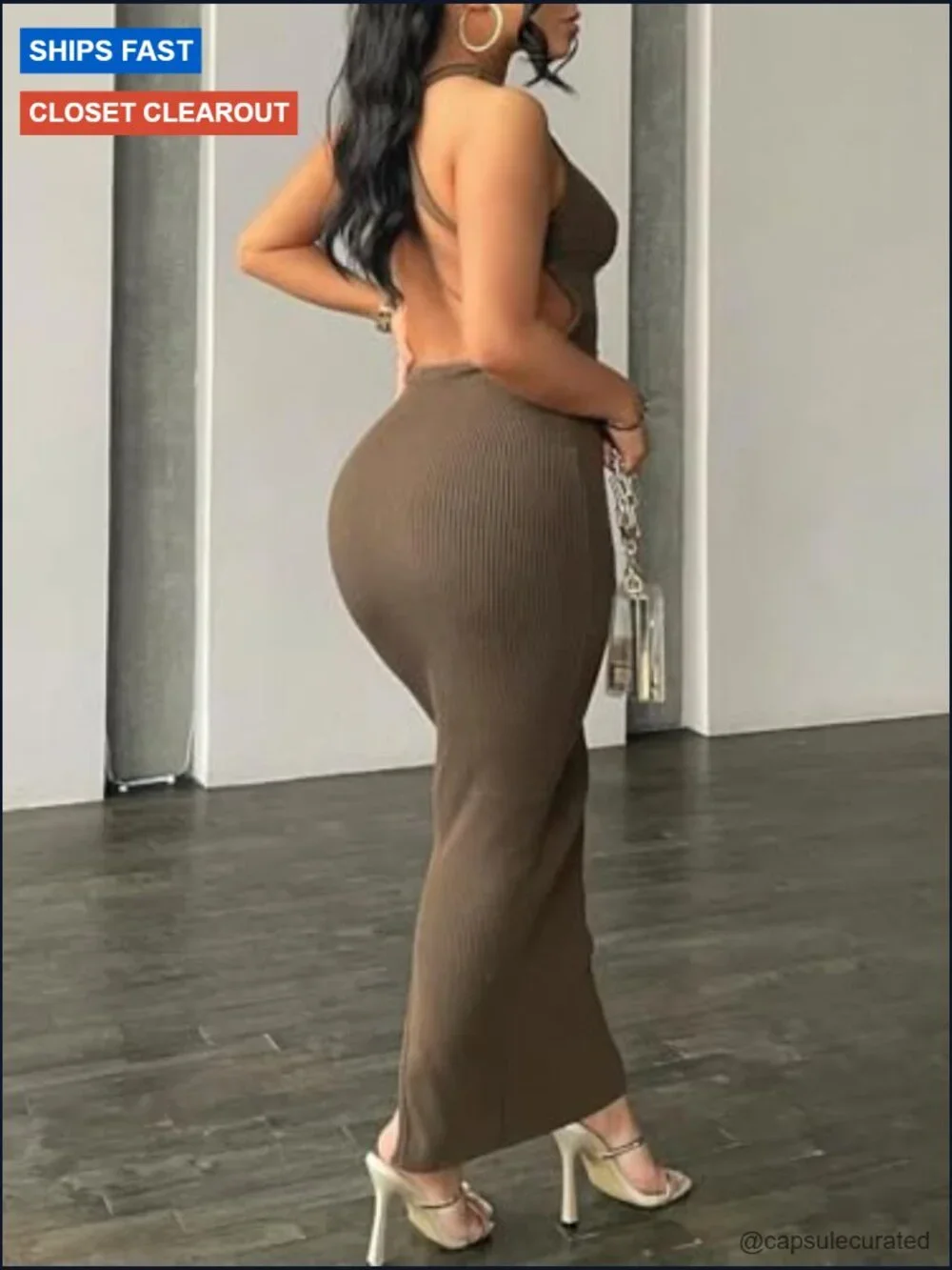 Sexy Bodycon Maxi Dress Summer Casual Long Dress Halter Neck - Picture 3 of 4